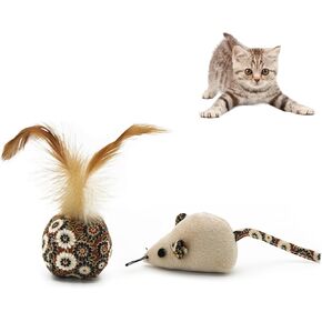 Andiker Cat Mental Stimulation Toys with Feather, 2Pcs Plush Catnip Toys for Cats to Bite, Kite, Chew, Interactive Cat Toys for Indoor Cats Do More Exercise to Release Stress&Kill Time (2pcs)