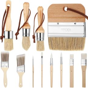 Marsui 12 Pcs Chalk Wax Paint Brush Small Art Paint Brushes Flat, Angle, Round Paint Brushes with Wooden Handles for Acrylic, Oil, Paint, Varnishes, Watercolor, Milk Paint, Gouache and Canvas Painting