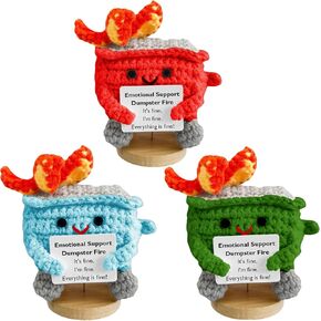 Handmade Crochet Positive Card Dumpster Fire Doll (3-Pack With Stand) Emotional Support Dumpster Fire Knitting Toy Ornaments Gifts Birthday Gifts for Women Gifts from friends Desk Accessories Gifts