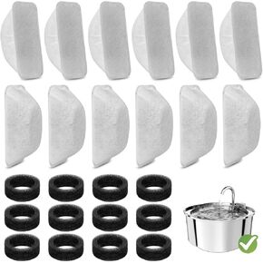 24 Pcs Cat Water Fountain Filters Replacement for 108oz/3.2L & 84oz/2.5L Pet Water Fountain,Including 12 Pcs Cat Water Fountain Filter & 12 Pcs Pre-Filter Sponges Foam Filter
