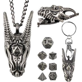 DND Dice Set with Dragon Head Necklace Mini Metal DND Dice Keychain 7PCS Tiny Portable RPG Accessory Dungeons and Dragons Gift for Tabletop Gamers