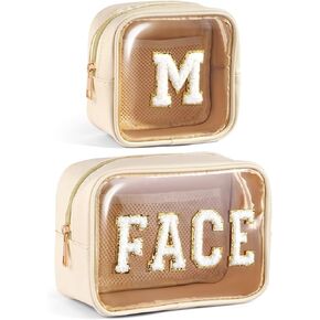 Clear Makeup Bag Transparent Cosmetic Bag Organizer for Women Waterproof Travel Toiletry Bag Portable Make up Bag with Chenille Letter, Large, Beige