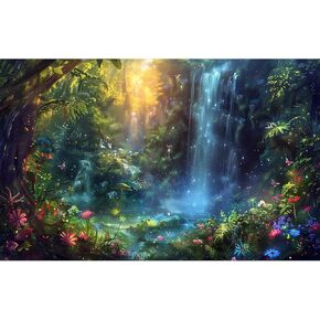 Fantasy Forest Landscape Aquarium Background Waterfall Jungle Rainforest Terrarium Backdrop Tropical Flowers Plants Aquarium Backdrop Colourful Flowers Mushroom Fish Tank Background Vinyl 24x12in