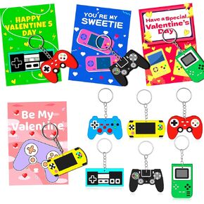 30pcs Valentines Day Cards Gifts for Kids Video Game Keychain With Valentines Cards Bulk Keychains for Kids Valentines Classroom School Exchange Prizes for Boy Girl Students Toddlers Party Favor Bags