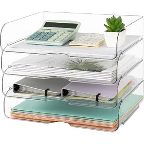 MaxGear 4 Tier Clear Paper Tray Organizer, Stackable Letter Tray, Stacking File Trays Organizers for Desk, Desk Paper Organizer, Office Organizers and Accessories