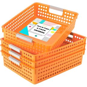 Turn in Trays Classroom,4 Pack Paper Trays for Classroom,Plastic Storage Baskets with Handles,Colorful Classroom Organization and Storage Paper Tray Holds for Drawers, Office, Home(Orange)