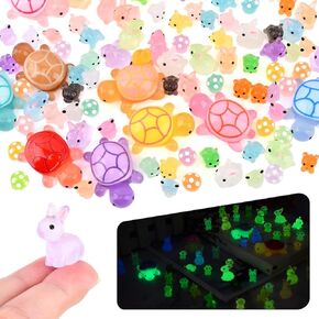 112 Pcs Mini Resin Animals Glow in The Dark Miniature Tiny Animal Figures Turtle Frog Rabbit Puppy Mushroom, Micro Fairy Garden Dollhouse Landscape Accessories for Decoration