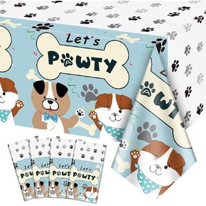 4 Pack Dog Themed Happy Birthday Tablecloths, 51x87'' Puppy Dog Birthday Plastic Disposable Table Covers Let's Pawty Table Cloth for Kids Birthday Party Decorations, Puppy Theme Party Supplies