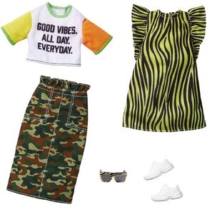Barbie Fashions 2-Pack Clothing Set, 2 Outfits Doll Include Camo Pencil Skirt, Color-Blocked T-Shirt with Graphic, Lime Green Animal-Print Dress & 2 Accessories, for Kids 3 to 8 Years Old