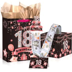 18th Birthday Gifts for Girls Rose Gold Black 18th Birthday Money Box for Cash Gift Pull and Happy 18th Birthday Gift Bag with 18th Wrapping Paper Card for 18th Birthday Decorations Party Supplies