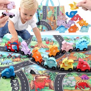 22PCS Magnetic Wooden Train Set, Dinosaur Toys with Playmat/Storage Bag, Montessori Educational & Preschool Learning Car Toys, Gift for Toddlers, Boys, Girls