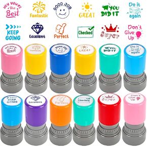 12 Pcs Self-Ink Teacher Stamp Set Funny Multicolor Office Stationery Flash Stamp with Cartoon Pattern for Grading Classroom School Prizes Homework Teacher Supplies