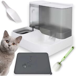 Automatic Cat Food and Water Dispenser Set – 1L Water & 2.8L Food Capacity – Gravity Pet Feeder & Waterer for Cats & Small Dogs – BPA-Free, Easy to Clean with Spill-Proof Mat & Accessories