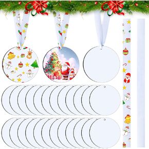 38Pcs 3 inch Sublimation Ornament Blanks with White Strings, MDF Sublimation Christsmas Ornaments Round for Christmas Tree Decorations Sublimation Keychain Blanks Ornaments Decor