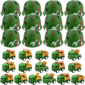 32 Pcs Kids Construction Party Favors Inlcude 16 Plastic Hat 16 Mini Pullback Trucks Toy for Bag Filler Gift