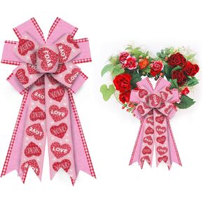ALIBBON Large Valentine's Day Bows for Wreaths, Valentines Wreath Bows, Red Heart Bows, Red Buffalo Plaid Edge Pink Bows for Front Door, Valentines Decor, Burlap Bows for Crafts Decorations