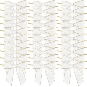 AIMUDI Satin Twist Tie Bows 3.5" White Bows Premade Ribbon Bows with Gold Edge Pretied Bows for Treat Bags, Cake Pop, Crafts, Wedding Favors, Gift Wrapping, Baby Shower, Apple Candy- 50 Counts