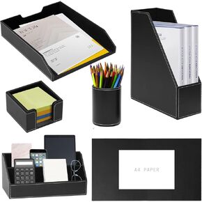 Office Supplies PU Leather 6-Piece Set Desk Organizer,Include Writing Pad,Letter Tray,file folder Sorter/Magazine Holder,Pen Cup,Note Holder,Business Card Holder,Man/Woman Office Gift,Black