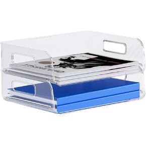 Paper Organizer for Desk, 2-Pack Stackable Letter Tray Set, Plastic Office Organization and Accessories Storage, Desktop File Mail Document Organizers, Inbox Tray for Desk, Clear