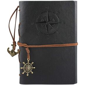 Leather Writing Journal Notebook, Vintage Nautical Spiral Notebook Refillable Diary Sketchbook Travel Journals to Write in with Blank Pages and Retro Pendants (Black)