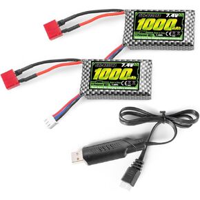 HAIBOXING RC Car Battery, 7.4V 1000mAh Li-PO Rechargeable Battery Apply for 1/18 RC Trucks 18859 & 18858 &18868 & 18859A & 2196 & 2197 &16889 2pcs T Plug Batteries with USB Charger (SDL-M16150)