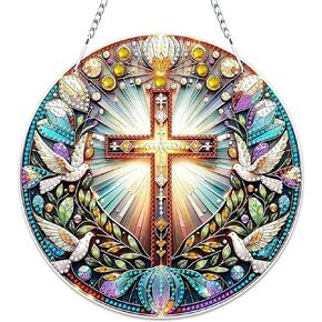 Christian Cross Dove Diamond Art Painting Acrylic Hanging Kit for Adults, DIY Special Shaped Diamonds Art Window Pendant Ornament(Peace Dove and Cross)