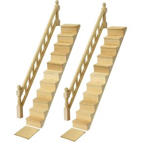 iLAND Miniature Dollhouse Stairs, 1/12 Scale Accessories, Wooden 2 Sets Adjustable with Handrails & Corner Boards