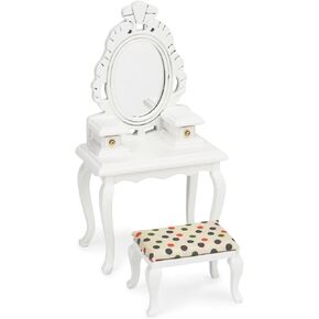 Dollhouse Makeup Vanity with Mirror & Stool 1/12 Miniature Furniture Makeup Table Set, Wooden Dressing Table Bedroom Dresser Table Doll House Toilet Table Accessorie (White)