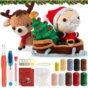 Kalolary 4PCS Christmas Crochet Kit, Beginner Crochet Kits for Christmas Santa Claus Crochet Knitting Set Christmas Tree Elk Crochet Yarn DIY Knitting Accessories for Christmas Decoration Gift