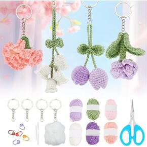ACRNIGHEET DIY CROCHET FLOWER KIT للبالغين الكروشيه أكياس للمبتدئين مجموعة طقم الكروشيه مع برامج فيديو تعليمية زهرة الكروشيه طقم الكروشيه الكبار مجموعة سلسلة مفاتيح الكبار لزي حقيبة الأزياء