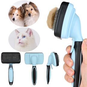 Self-Cleaning Pet Grooming Brush - Skin-Friendly Slicker Brush for Dogs and Cats, Easy-to-Clean Depilatory Brush for Removing Loose Hair, Puppy Brush with Accessories, Blue