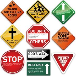 Frienda 10 Pcs Christian Road Sign Paper Construction Party Decoration Religious Bulletin Board Decoration Teen Inspirational Cutout Traffic Road Sign for Classroom VBS Sunday School Church Wall Decor