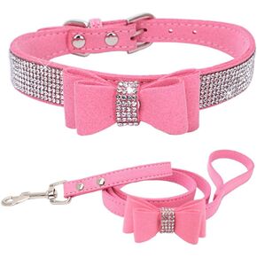 Puppy Collar and Leash, Bow tie Bling Rhinestone Crystal Diamond Cat Collars for XXS Xs Small Medium Large Pet Female Dogs Girls Kitten, Pink XXSmall