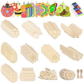 120 Pcs Unfinished Wood Cutouts Ornament for Crafts, Wooden Spring Ornaments to Paint, 12 Styles Blank Wooden Slices with Ropes and Pen for DIY Home Hanging Decoration