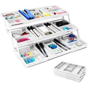 3-Tier Drawer Organizer Collapsible Small Junk Drawer Organizer Multi Level Expandable Smart Drawer Organizer and Desk Organizer for Makeup, Jewelry, Office Desktop Organization (1 Row 3 Tier）