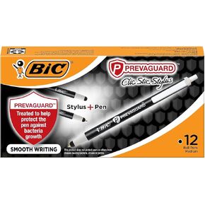 BIC PrevaGuard Clic Stic Ballpoint Pen & Stylus, With Built-in Protection To Suppress Bacteria Growth, Medium Point (1.0mm), Black, 12-Count