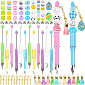12 Sets Easter Beadable Pens Rabbit and Egg Easter Ballpoint Bead Pens with Assorted Wooden Beads for Student Kids Easter DIY Making Gift, Green