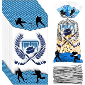 Chinco 50-piece Hockey-themed Cellophane Treat Bags - Sports Party Favor Supplies with Gold Twist Ties for Hockey Celebrations