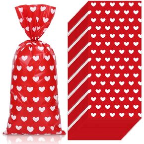 Whaline 100Pcs Valentine's Day Cellophane Treat Bags Red Heart Party Favor Gift Bags with 100Pcs Twist Ties Candy Goodie Bags For Wedding Anniversary Birthday Party Supplies