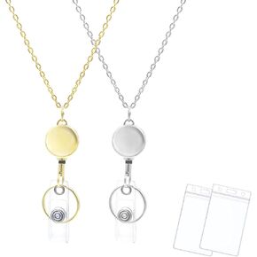 Retractable Lanyard with ID Holders 2 Pack Necklace Chain Lanyards for Id Badges Keys Stainless Steel Chain Lanyard (Gold & Silver)
