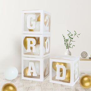 Graduation Decorations Class of 2025,4pcs 2025 Graduation Party White Balloon Boxes with Letters GRAD, 2025 for Preschool Kindergarten High School College Grad Party Celebration Supplies