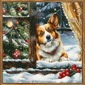 Christmas Snow Corgi Dog Sit in Window DIY 11CT Stamped Cross Stitch Kits for Beginners Easy Needlepoint Embroidery Counted Cross Stitch Art Craft for Wall Decoration 16x16inch(1)