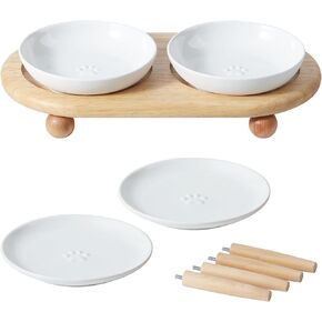 Raised Ceramic Wide Whisker Friendly Cat Dishes, Food& Water Bowl with 2 Style Stand Adjustable Pet Bowl Set, Anti Whisker Fatigue(2Dish+2Shallow Dish+Stand