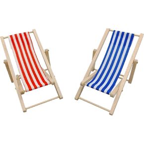 2PCS Mini Beach Chair Props/Mini Dollhouse Folding Chair/Mini Wooden Folding Beach Sun Lounger/Doll House Home Desk Garden Decoration (Red + Blue)