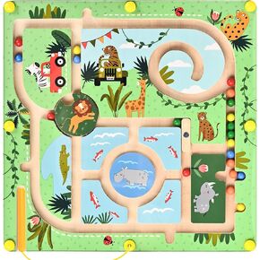 Jungle Magnetic Maze, Wooden Busy Board, Magnet Puzzle Game, Toddler Travel Learning Toys for Preschoolers Boys Girls