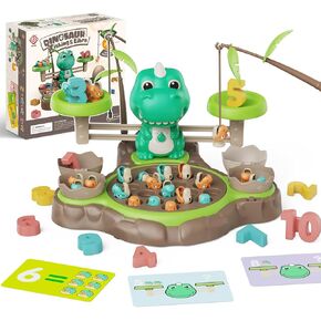 2 in 1 Dinosaur Magnetic Fishing & Balance Math Game, 21 Pcs Dinosaur Toys with 10 Interactive Math Cards, Math Learning Counting Toys, Pre-Educational Board Game for Ages 3-6 (Light Green)