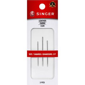 SINGER Leather Hand Needles Set - Assorted Sizes 3/7, Durable Nickel-Plated Steel, Triangular Point, Ideal for Leatherwork, Upholstery, and Repairs, 3pc