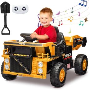Ride On Dump Truck,Ride On Car Toy with Remote Control,Electric Dump Bed,Shovel, 12V Ride On Construction Vehicle for Kids with Music Player, High and Low Speed,Yellow