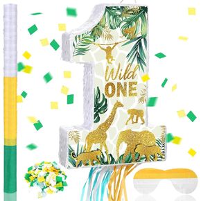 Ferraycle Jungle Animal Number 1 Piñata for 1st Birthday Party Decoritations Piñata Birthday Party Supplies for Boys Pinatas with piñata stick confetti
