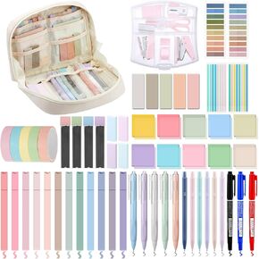 60 Pcs Aesthetic Book Annotation Kit Pencil Case with Highlighter Gel Pen Mechanical Pencil Magnetic Bookmarks Transparent Sticky Note Tabs Mini Office Supplies(Cream Beige)